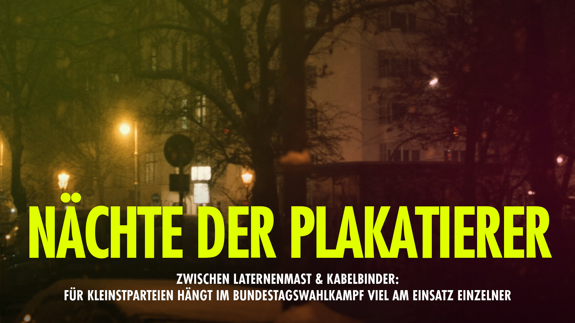 Das Bild zeigt eine Straße in der Nacht, beleuchtet von Laternen. Der Titel lautet: Nächte der Plakatierer. Zwischen Laternenmast & Kabelbinder: Für Kleinstparteien hängt im Bundestagswahlkampf viel am Einsatz Einzelner