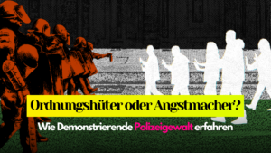 Das Bild zeigt Polizist*innen, die in voller Montur bedrohlich auf Demonstrant*innen losgehen. Rechts gehen Demonstrant*innen mit gehobenen Händen auf sie zu. Die Farben im Bild und ihre Anordnung ähneln der palästinensischen Flagge.