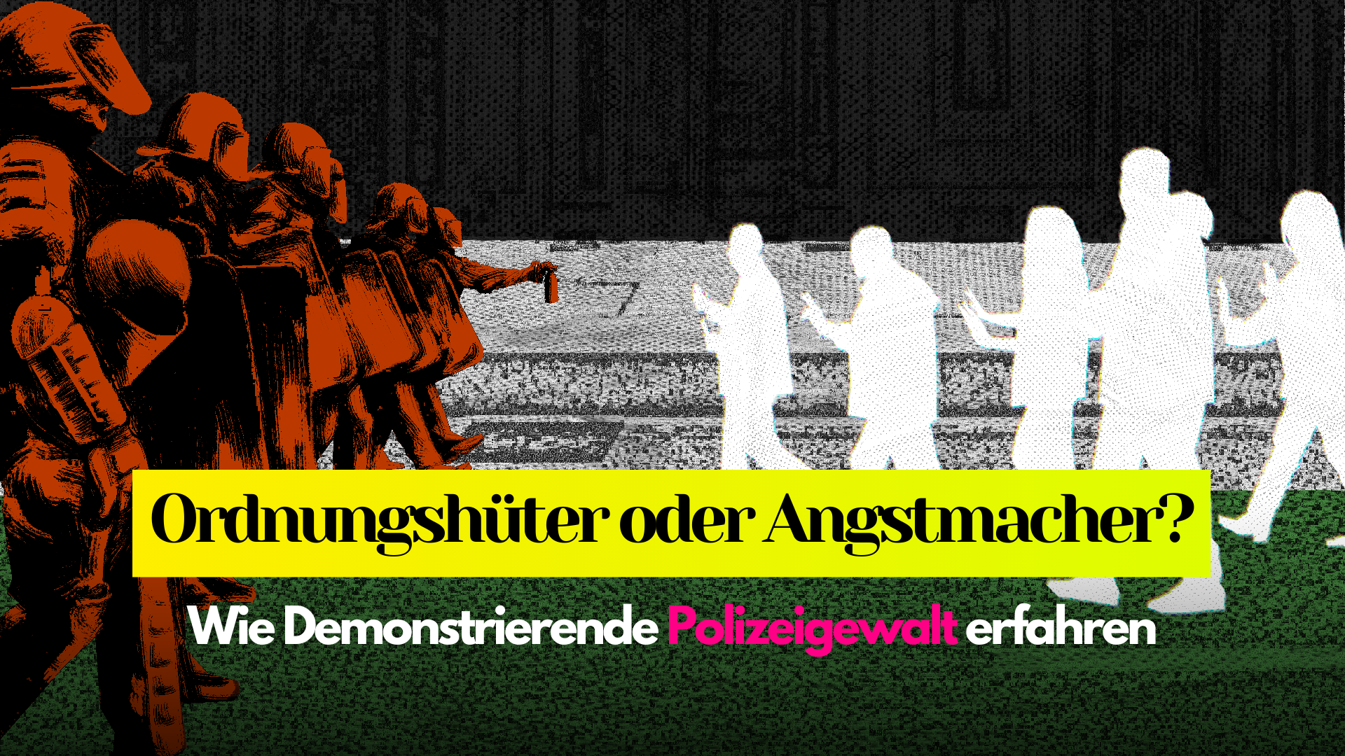 Das Bild zeigt Polizist*innen, die in voller Montur bedrohlich auf Demonstrant*innen losgehen. Rechts gehen Demonstrant*innen mit gehobenen Händen auf sie zu. Die Farben im Bild und ihre Anordnung ähneln der palästinensischen Flagge.